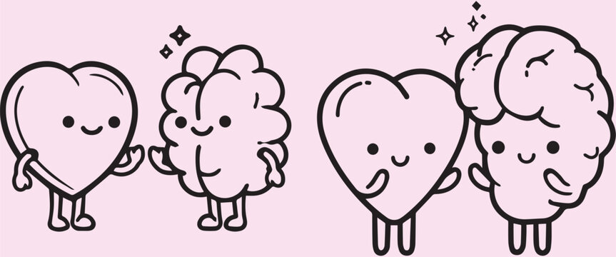 Cute cartoon heart and brain characters friendship doodle, kawaii medical mascots logic vs emotion harmony concept vector illustration