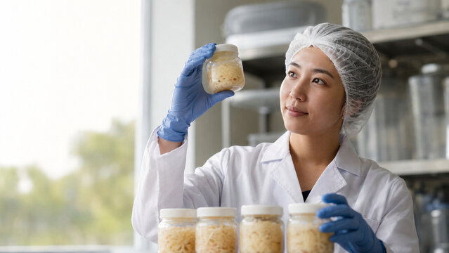 Food technician inspecting a fermentation batch for modern commercial
