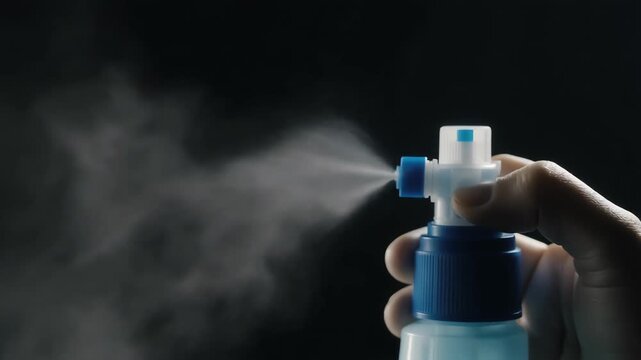 Person spraying sanitizing solution from a bottle in a dark environment.