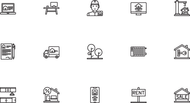 Home service and relocation outline vector icon collection featuring professional delivery moving trucks domestic tree landscaping and indoor climate control radiators