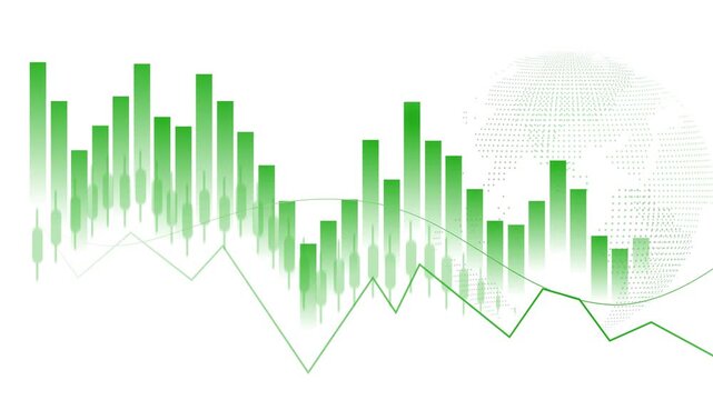 Financial chart with candlestick bars line graph and glowing globe on a grid background animation, Business market analysis and global business data