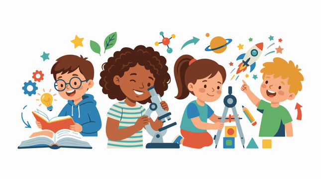 Diverse children engaged in various scientific and learning activities