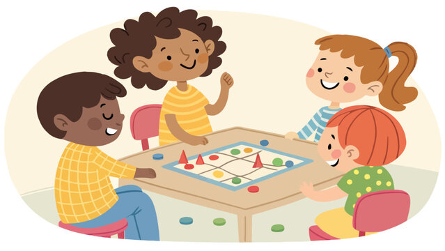 Children having fun playing board game at table with small group kids playing children activity childhood together diversity recreation classroom education learning development friendship