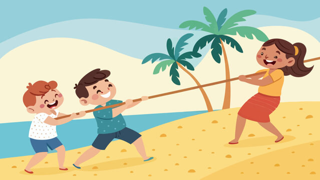 Children playing tug of war game on a tropical beach with children tropical activity vacation childhood competition recreation exercise lifestyle teamwork strength illustration colorful
