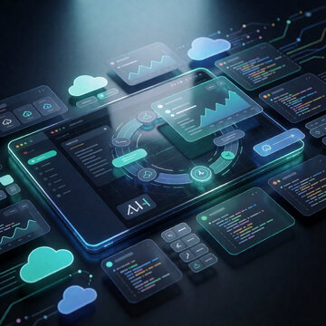 Low code no code development platform concept with professional using stylus on digital interface, application builder tools, cloud integration, and workflow automation for efficient software creation