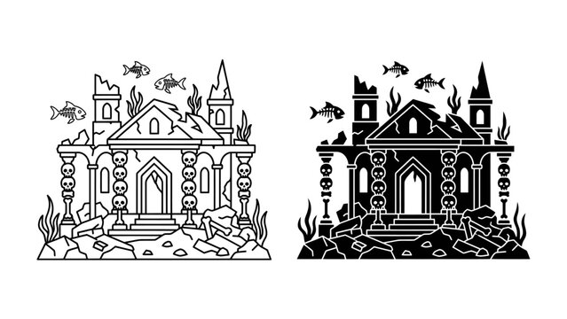 Ancient underwater ruins, black and white illustration, with small fish swimming around and seaweed.