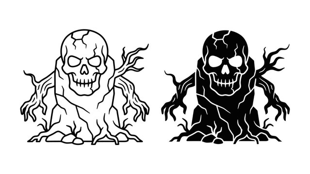 Skull Tree Stump Monster Illustration: A stylized, eerie illustration depicting a monstrous figure merging a skull with a gnarled tree stump, featuring skeletal hands and a menacing expression.