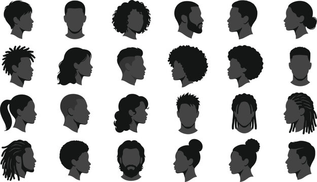Diverse Black people profile silhouettes and head avatar collection featuring African American men and women side views front views various natural hairstyles braids dreadlocks curly afro textures.