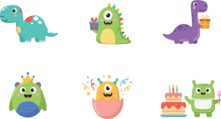 Fototapeta premium Adorable baby monster and dinosaur sticker set holding birthday presents and celebrating with festive holiday cake nursery design elements vector
