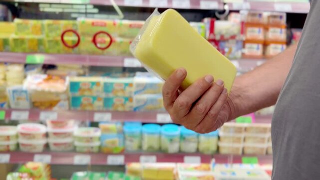 Customer's Hand Inspecting a Cheese Package While Shopping in a Grocery Store Aisle.Close-Up of a Man's Hand Spinning a Pack of Cheese While Browsing Products in a Supermarket Refrigerator Section