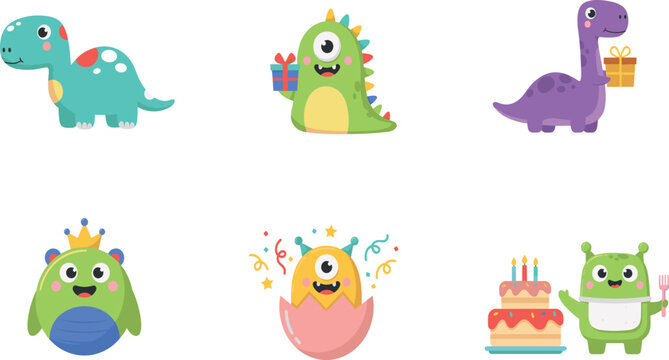 Adorable baby monster and dinosaur sticker set holding birthday presents and celebrating with festive holiday cake nursery design elements vector