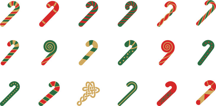 Festive christmas candy canes collection isolated vector graphics for holiday decorations and seasonal designs