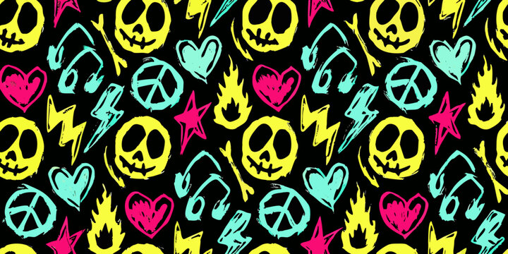 Punk rock pattern featuring skulls hearts and peace signs on black