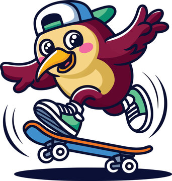 Cartoon bird character skateboarding wearing backwards cap on flat surface illustration for urban street culture athletic youth sports hobby.