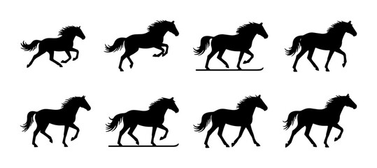 Fototapeta premium Horse Silhouette Animation Frames, Galloping and Trotting Horse Motion Sequence, Equestrian Sport and Animal Movement Vector Graphics