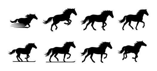 Fototapeta premium Horse Silhouette Animation Sequence, Galloping and Trotting Vector Set, Black Equine Motion Graphics for Design