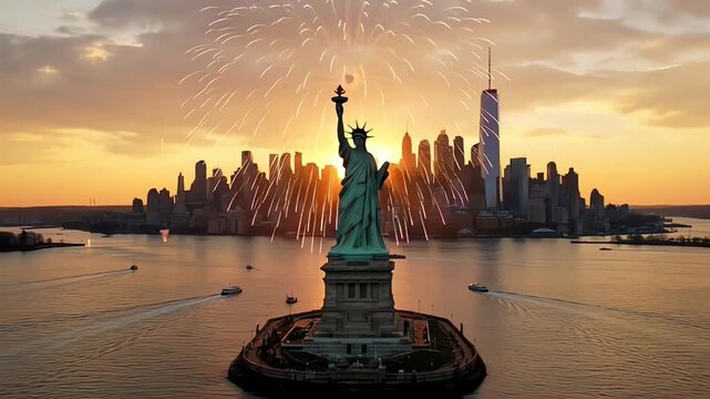 America 250th Anniversary Fireworks Above the Statue of Liberty and New York Skyline