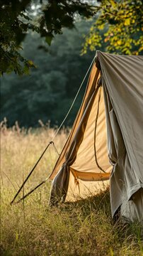 A traditional tipi tent set up outdoors with a lush green field and trees as the backdrop. This captures the essence of outdoor living or camping with an indigenous touch.