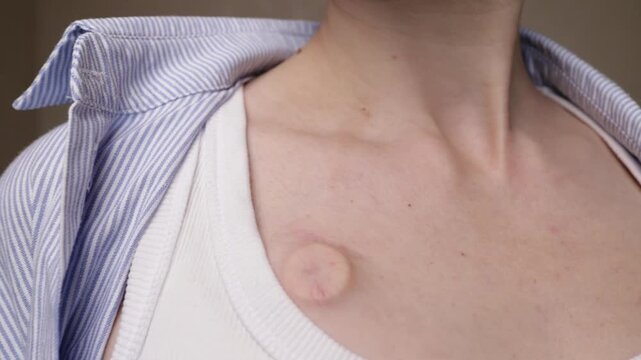 close-up of a woman's hand touching an implanted chest port, capturing self monitoring, sensitivity and routine body awareness during chemotherapy treatment