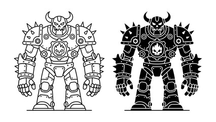 Scary Robot Warrior Duo: A fearsome robot warrior in both outline and silhouette, equipped with spiked armor, horns, and a skull emblem, stands ready for battle. © Ajhar234