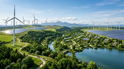 Fototapeta premium Modern wind farm beside lush green river valley.