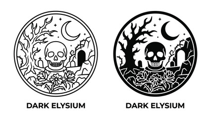 Dark Elysium Emblem: A striking circular emblem featuring a stylized skull, dead tree, crescent moon, and floral elements, symbolizing mystery and the macabre. © Ajhar234