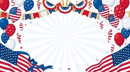 Obraz premium Patriotic USA Celebration Background with American Flags, Balloons, and Bunting Garland