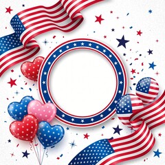 Obraz premium Patriotic USA Border Frame with American Flag Banners and Balloons for 4th of July Independence Day Celebration