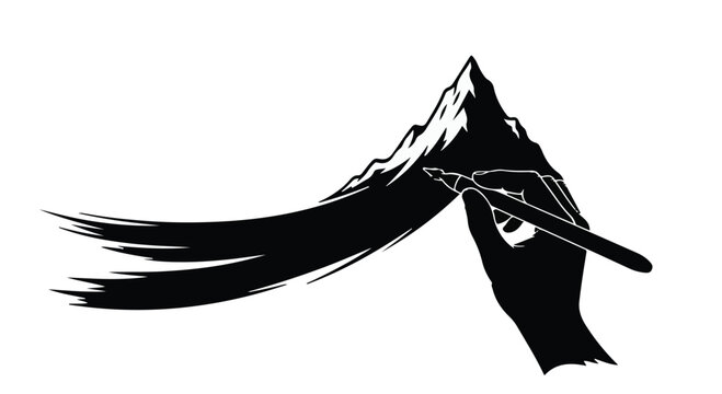 Hand holding a calligraphy pen draws a majestic mountain range using long flowing brush strokes in an artistic concept representing creative vision and the craft of professional illustration.