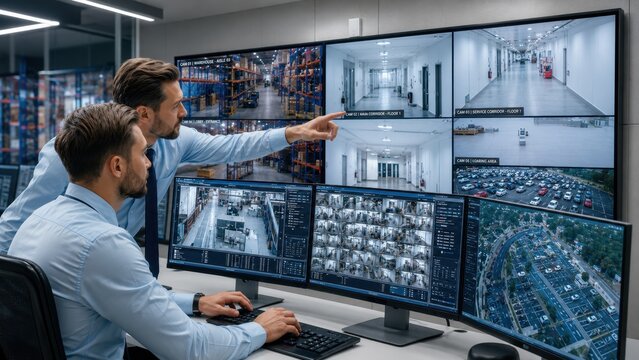 Security Operations Center Team Monitoring CCTV Surveillance System in Modern Control Room