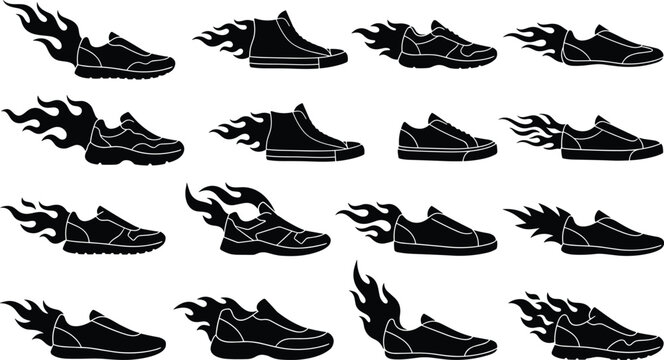 Collection of black silhouettes of running shoes and sneakers with flames trailing behind them