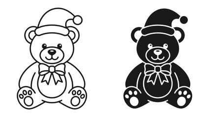 Fototapeta premium Christmas Teddy Bear Icon Set: Two charming teddy bear illustrations, one in outline and the other as a silhouette, both adorned with festive Santa hats and bow ties, perfect for holiday designs.