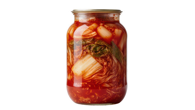 Jar of fermented spicy napa cabbage kimchi with red chili paste