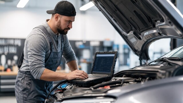 Automotive Technician Running Digital Vehicle Diagnostics with Rugged Laptop in Professional Auto Repair Shop