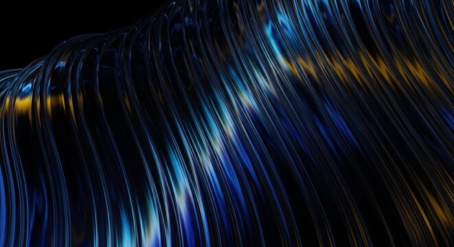 Abstract swirling metallic waves with blue and gold reflections on black background 3D render