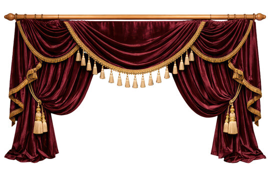 Vintage burgundy velvet theater curtains with gold tassels, ornate stage drapery, luxury interior decor backdrop isolated PNG with Transparent Background
