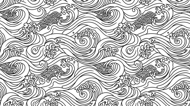 Seamless Monochrome Wave Pattern Featuring Intricate Japanese Style Line Art Decorative Elements for Creative Backgrounds