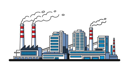 Fototapeta premium Large industrial factory complex with multiple buildings and tall smoking chimneys releasing emissions into the sky.