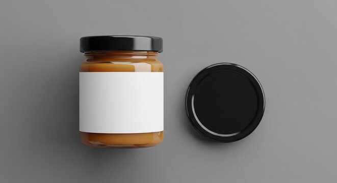 Realistic 3D render of a glass jar with caramel or honey and blank white label black lid grey background