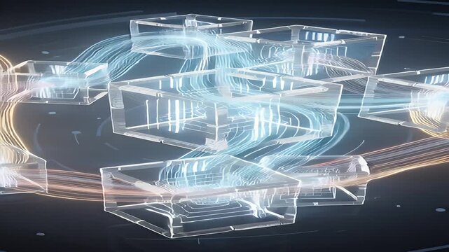 Futuristic transparent cubes rotating animation.