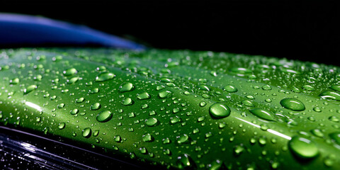 Close-up of fresh rain or water droplets beaded on a glossy vibrant green metallic car surface, showcasing texture, condensation, and hydrophobic paint protection coating.
