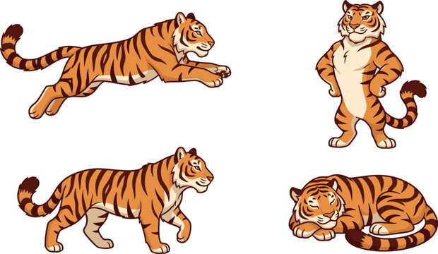 Cute cartoon tiger character vector illustration set showing running standing anthropomorphic walking and sleeping wild cat poses