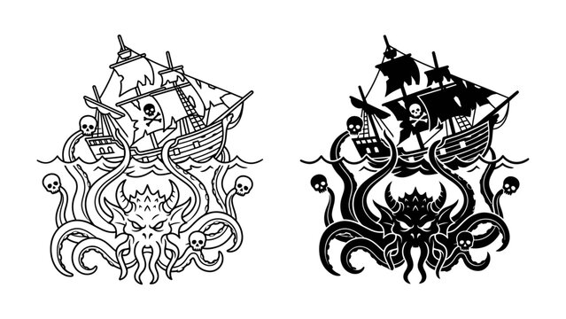 Pirate Ship Encounter: A dramatic illustration depicts a pirate ship confronting a monstrous kraken amidst stormy seas, with skulls adorning the sails, evoking a sense of adventure and danger.
