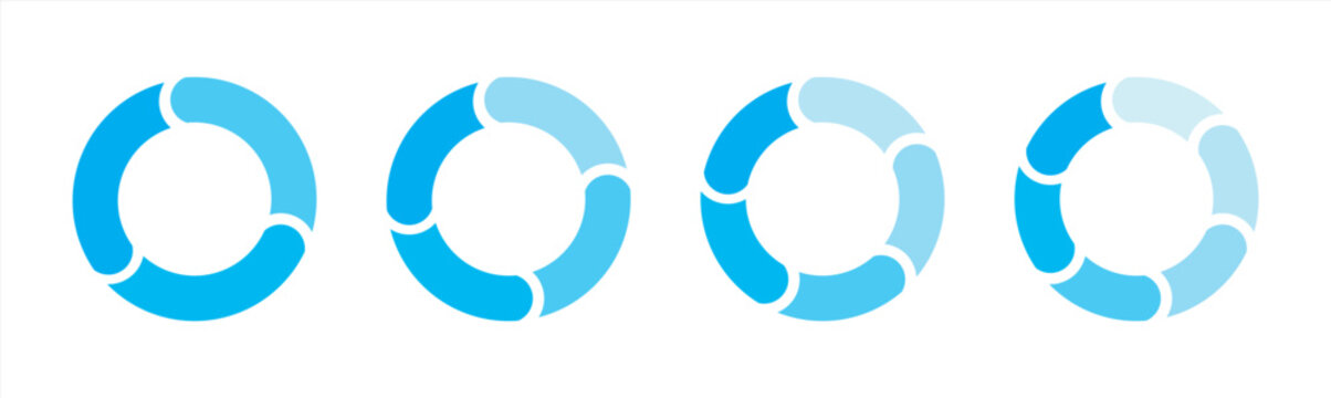 Pie chart infographic set. Circular cycle vector process diagram templates. Consisting of 3, 4, 5, and 6 sections. Blue color.