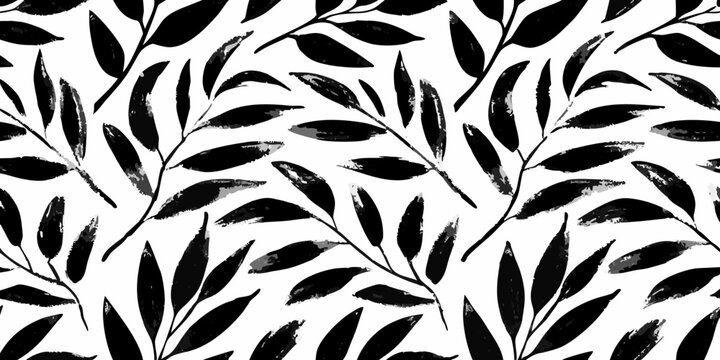 Black botanical leaf pattern on a white background seamless repeat design