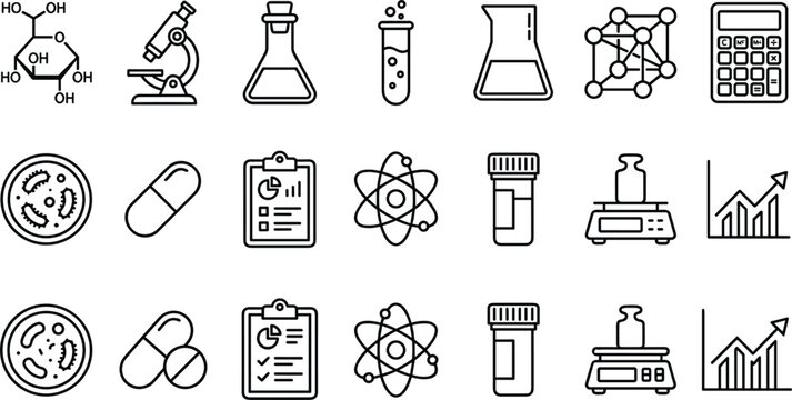 Chemistry laboratory and science research thin line icon set featuring molecule structure microscope test tubes flask atom petri dish capsule pills scale chart analytics and calculator vector.
