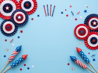 Fototapeta premium Independence Day Celebration Flat Lay with Fireworks and Paper Fans on Blue Background