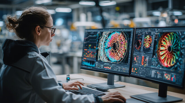 Aerospace Engineer Performing Heat Analysis on Turbine Engine, CAD Software Modeling, Advanced Mechanical Design Workshop, Industrial R&D Technology, Computer-Aided Engineering mod