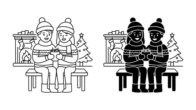 Cozy Christmas Duo: A charming line art illustration depicts a happy couple in festive winter attire, sitting on a bench and sharing a warm drink by a crackling fireplace.