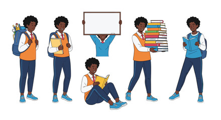 Fototapeta premium Diverse collection of schoolboys wearing neat uniforms while carrying books, writing notes, and holding a whiteboard.